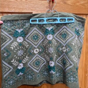 Embroidered Olive Green Skirt with Teal & White Floral Motif